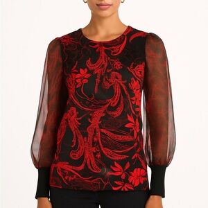 Chico’s NWT Red & Black Sheer Sleeve Top | Size 0 | Statement Blouse